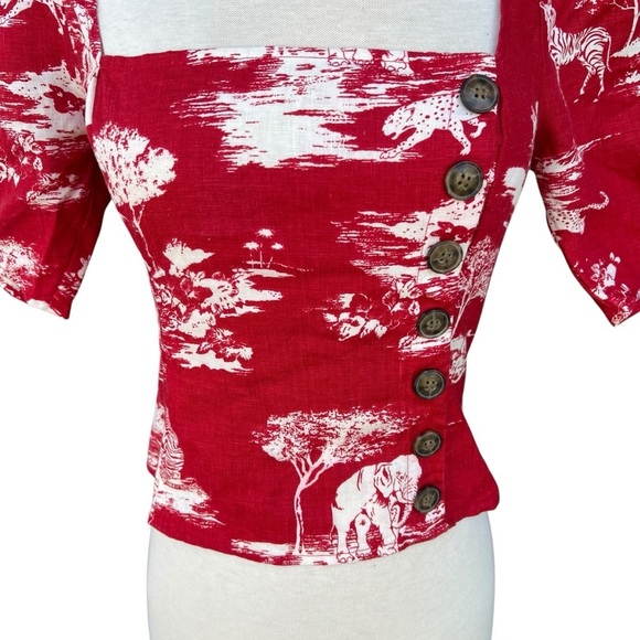 Reformation Leo Linen Top Nairobi Red Safari Print Button Detail Puff Sleeves 6 - Picture 8 of 15